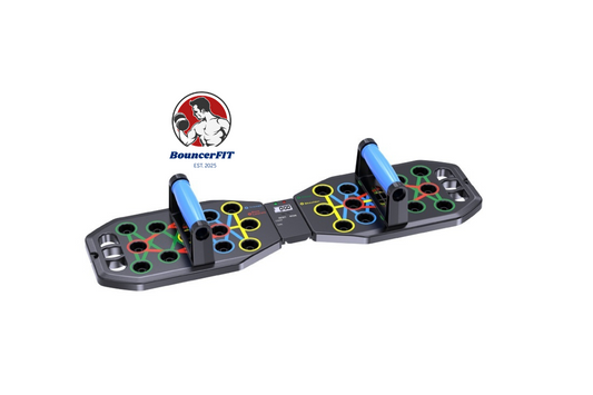 MULTIFUNCTIONAL PUSHUP BOARD ON A WHITE BACKGROUND WITH A BOUNCERFIT LOGO