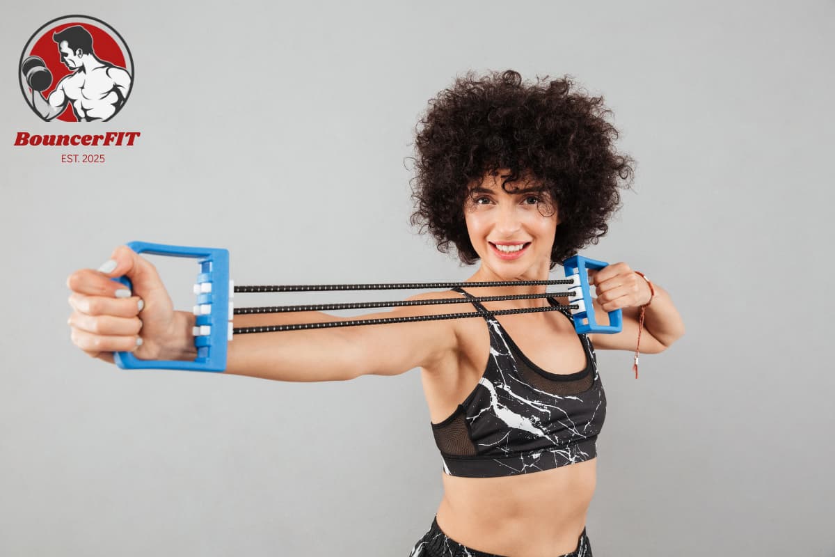 smiling woman working on a resistance band with her hands